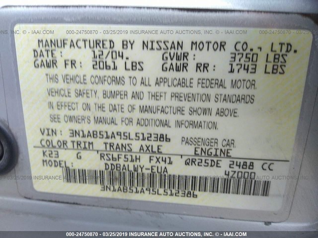 3N1AB51A95L512386 - 2005 NISSAN SENTRA SE-R SPEC V SILVER photo 9