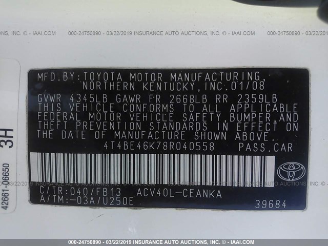 4T4BE46K78R040558 - 2008 TOYOTA CAMRY CE/LE/XLE/SE WHITE photo 9
