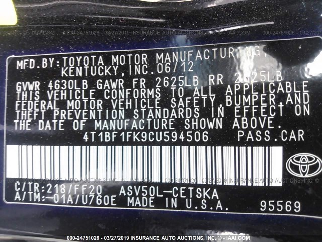 4T1BF1FK9CU594506 - 2012 TOYOTA CAMRY SE/LE/XLE BLACK photo 9