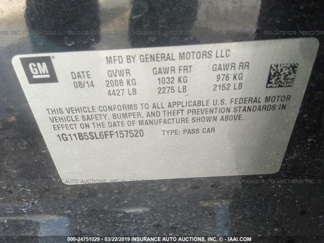 1G11B5SL6FF157520 - 2015 CHEVROLET MALIBU LS BLACK photo 9