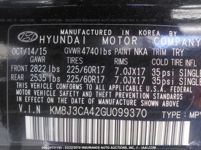 KM8J3CA42GU099370 - 2016 HYUNDAI TUCSON LIMITED/SPORT AND ECO/SE BLACK photo 9