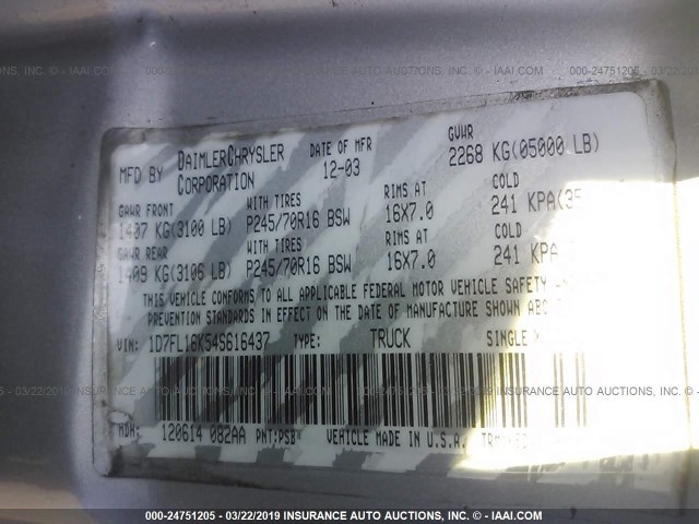 1D7FL16K54S616437 - 2004 DODGE DAKOTA SXT GRAY photo 9