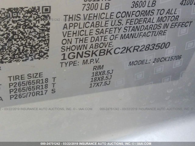 1GNSKBKC2KR283500 - 2019 CHEVROLET TAHOE K1500 LT SILVER photo 9