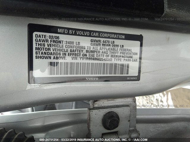 YV1RS592662542343 - 2006 VOLVO S60 2.5T SILVER photo 9