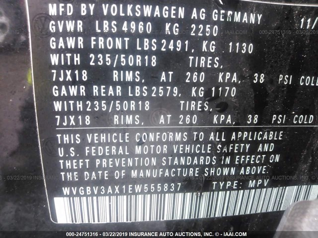 WVGBV3AX1EW555837 - 2014 VOLKSWAGEN TIGUAN S/SE/SEL/R-LINE BLACK photo 9