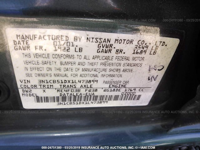 3N1CB51DX1L473899 - 2001 NISSAN SENTRA XE/GXE GREEN photo 9