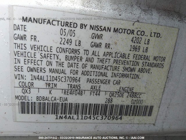 1N4AL11D45C370964 - 2005 NISSAN ALTIMA S/SL WHITE photo 9