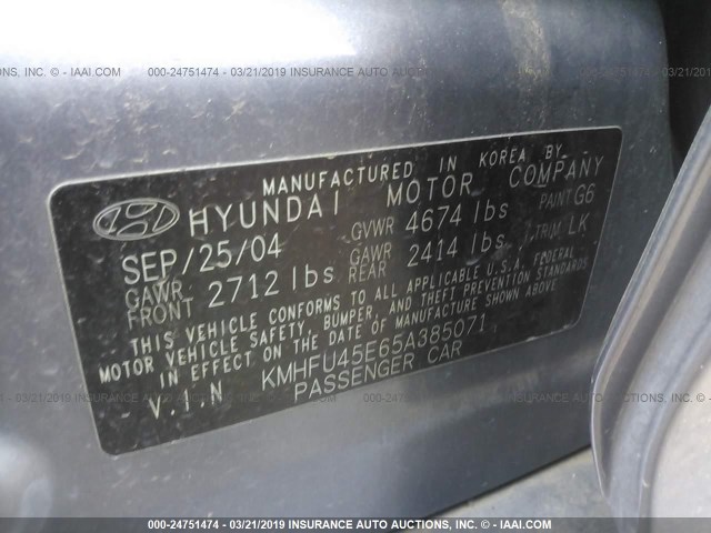 KMHFU45E65A385071 - 2005 HYUNDAI XG 350 SILVER photo 9