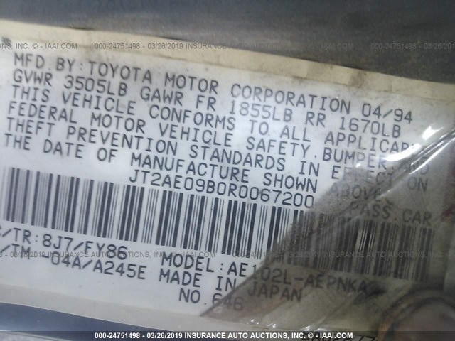 JT2AE09B0R0067200 - 1994 TOYOTA COROLLA LE/DX 蓝色 照片 9