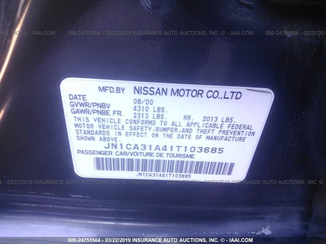 JN1CA31A41T103685 - 2001 NISSAN MAXIMA GXE/SE/GLE/20TH ANNIV GRAY photo 9