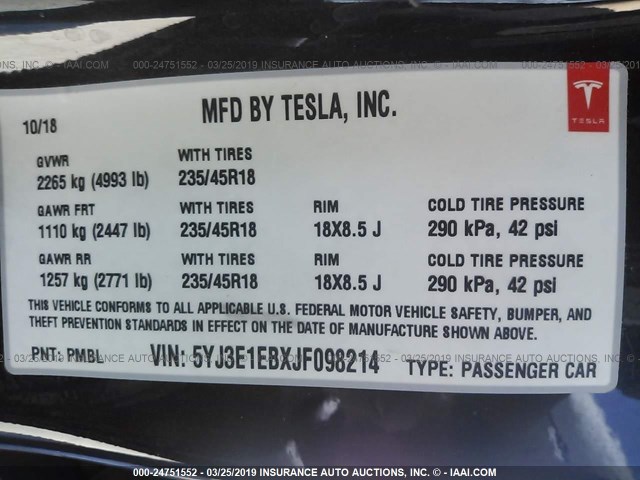 5YJ3E1EBXJF098214 - 2018 TESLA MODEL 3 BLACK photo 9