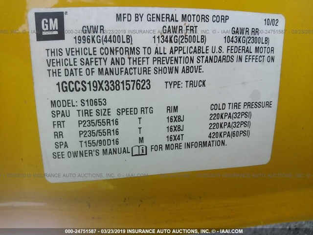 1GCCS19X338157623 - 2003 CHEVROLET S TRUCK S10 YELLOW photo 9