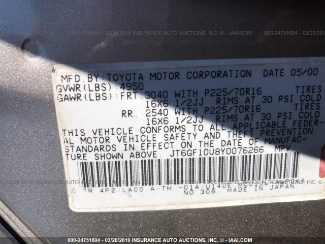 JT6GF10U8Y0076266 - 2000 LEXUS RX GOLD photo 9