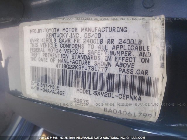 4T1BG22K3YU731777 - 2000 TOYOTA CAMRY CE/LE/XLE BLUE photo 9