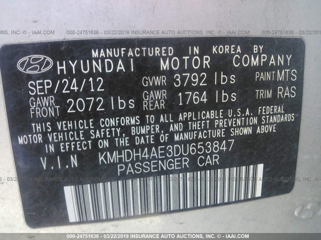 KMHDH4AE3DU653847 - 2013 HYUNDAI ELANTRA GLS/LIMITED SILVER photo 9