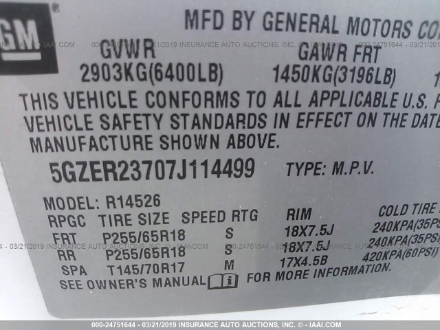 5GZER23707J114499 - 2007 SATURN OUTLOOK XR თეთრი ფოტო 9