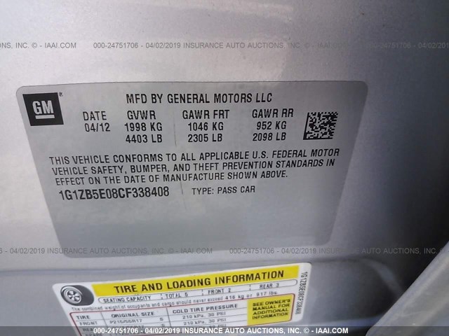 1G1ZB5E08CF338408 - 2012 CHEVROLET MALIBU LS SILVER photo 9