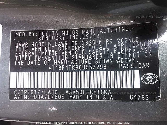 4T1BF1FK8CU557298 - 2012 TOYOTA CAMRY SE/LE/XLE GRAY photo 9