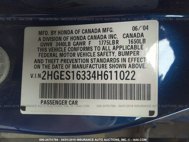 2HGES16334H611022 - 2004 HONDA CIVIC DX VP ლურჯი ფოტო 9