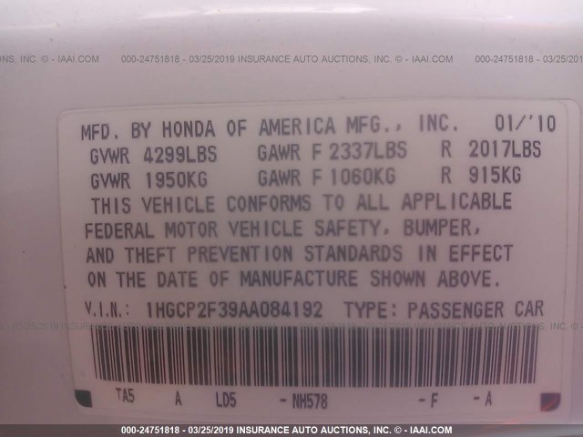 1HGCP2F39AA084192 - 2010 HONDA ACCORD LX WHITE photo 9