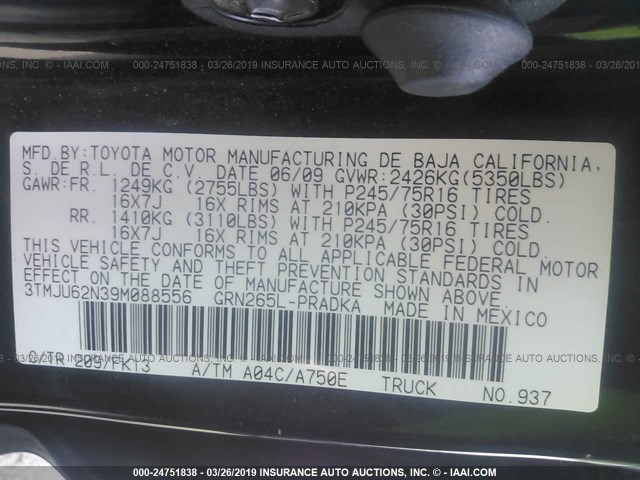 3TMJU62N39M088556 - 2009 TOYOTA TACOMA DOUBLE CAB PRERUNNER BLACK photo 9