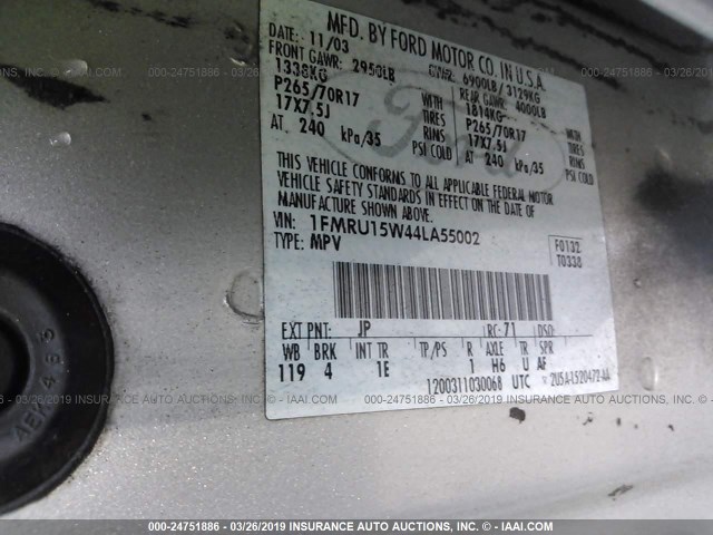 1FMRU15W44LA55002 - 2004 FORD EXPEDITION XLT SILVER photo 9