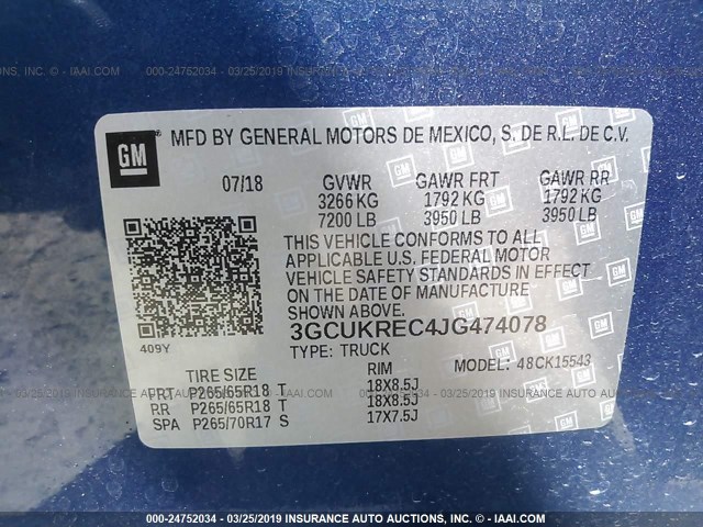 3GCUKREC4JG474078 - 2018 CHEVROLET SILVERADO K1500 LT BLUE photo 9