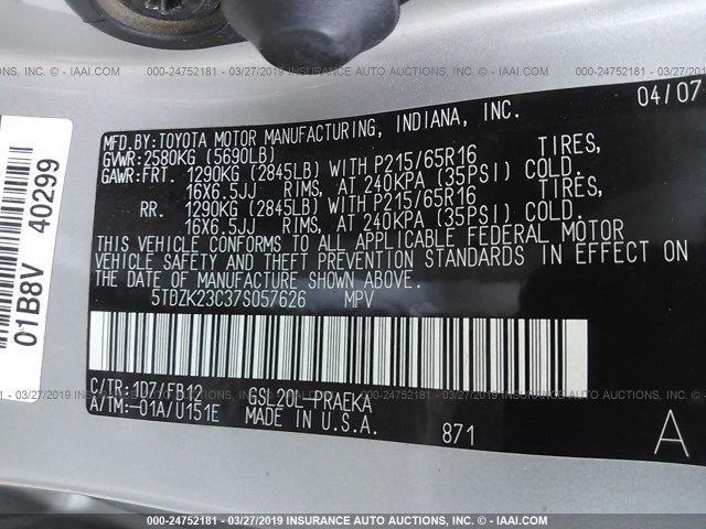 5TDZK23C37S057626 - 2007 TOYOTA SIENNA CE/LE SILVER photo 9