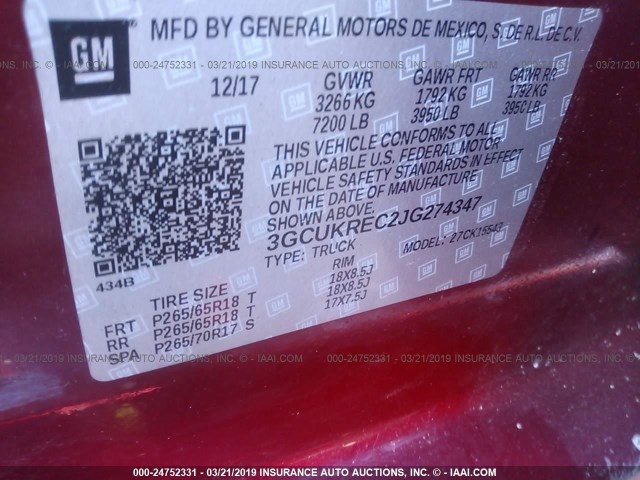 3GCUKREC2JG274347 - 2018 CHEVROLET SILVERADO K1500 LT MAROON photo 9