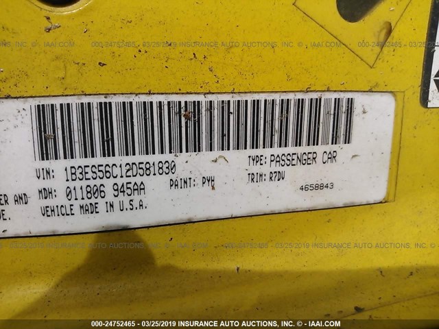 1B3ES56C12D581830 - 2002 DODGE NEON ES YELLOW photo 9