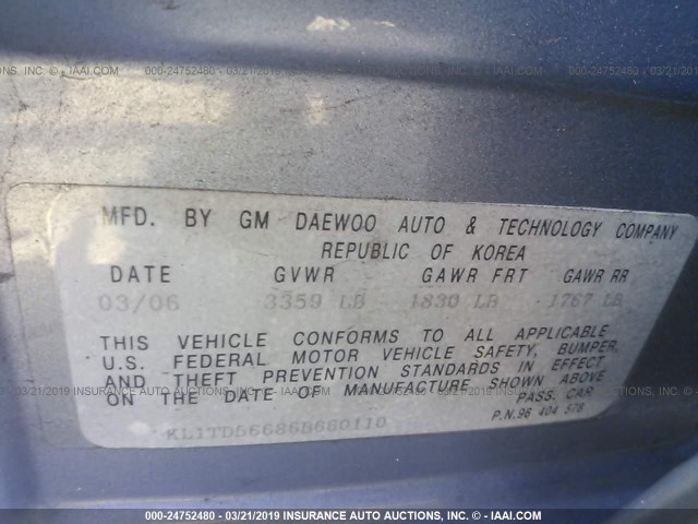 KL1TD56686B660110 - 2006 CHEVROLET AVEO LS BLUE photo 9