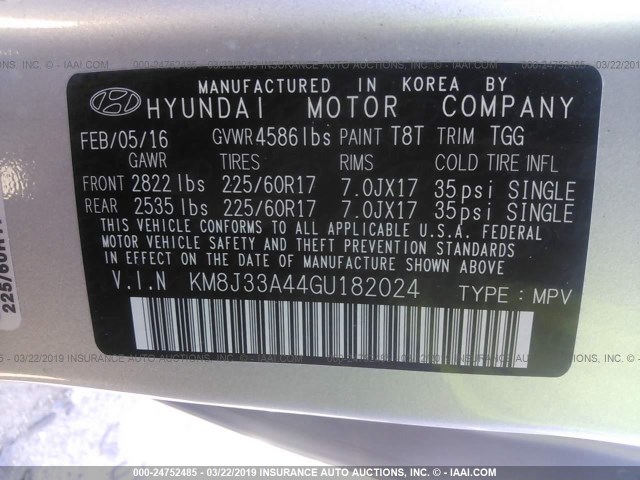 KM8J33A44GU182024 - 2016 HYUNDAI TUCSON LIMITED/SPORT AND ECO/SE SILVER photo 9