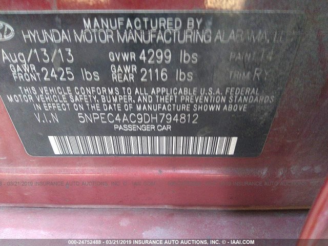 5NPEC4AC9DH794812 - 2013 HYUNDAI SONATA SE/LIMITED RED photo 9