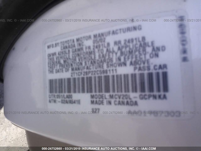 2T1CF28P22C598111 - 2002 TOYOTA CAMRY SOLARA SE/SLE თეთრი ფოტო 9