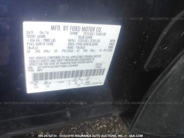 2FMPK4G97GBC00480 - 2016 FORD EDGE SE BLUE photo 9