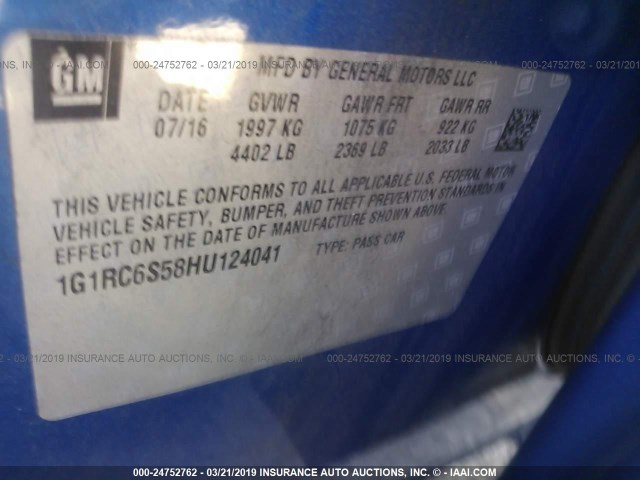 1G1RC6S58HU124041 - 2017 CHEVROLET VOLT LT BLUE photo 9