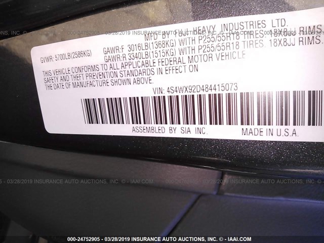 4S4WX92D484415073 - 2008 SUBARU TRIBECA LIMITED GRAY photo 9