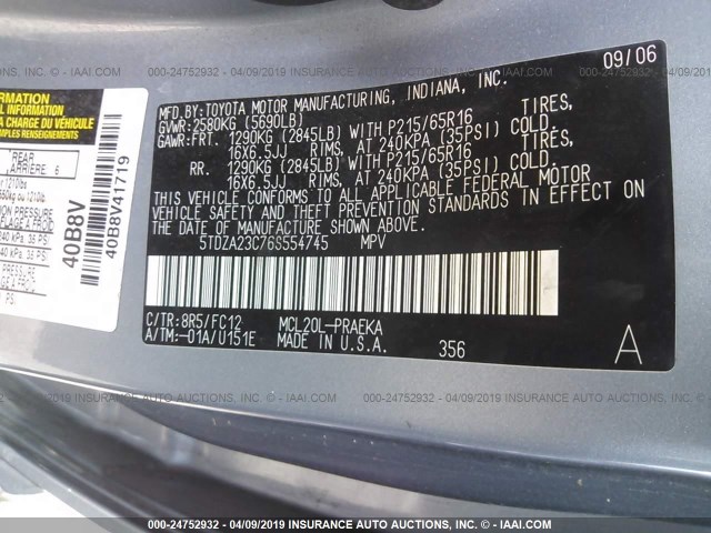 5TDZA23C76S554745 - 2006 TOYOTA SIENNA CE/LE SILVER photo 9