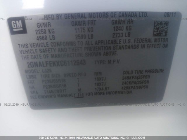 2GNALFEKXC6112543 - 2012 CHEVROLET EQUINOX LTZ WHITE photo 9