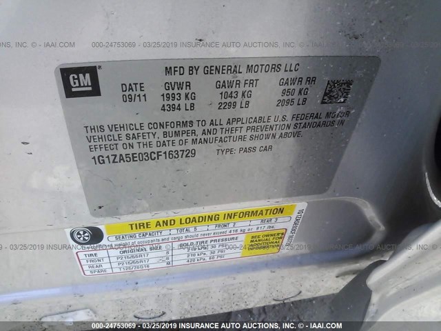 1G1ZA5E03CF163729 - 2012 CHEVROLET MALIBU LS SILVER photo 9