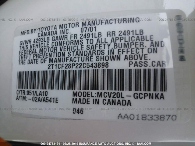2T1CF28P22C543898 - 2002 TOYOTA CAMRY SOLARA SE/SLE WHITE photo 9