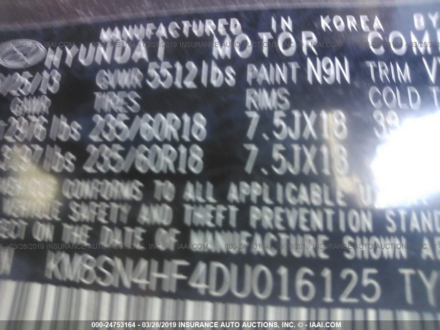 KM8SN4HF4DU016125 - 2013 HYUNDAI SANTA FE GLS GRAY photo 9