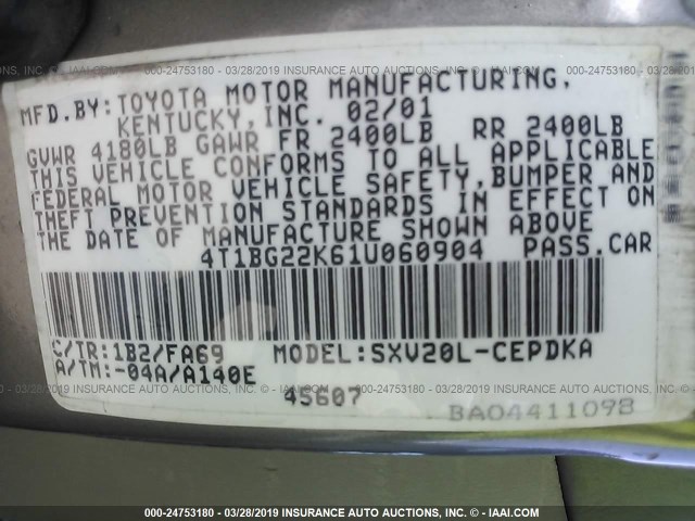 4T1BG22K61U060904 - 2001 TOYOTA CAMRY CE/LE/XLE GRAY photo 9