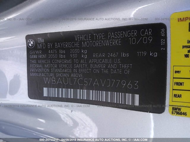 WBAUL7C57AVJ77963 - 2010 BMW 128 I SILVER photo 9