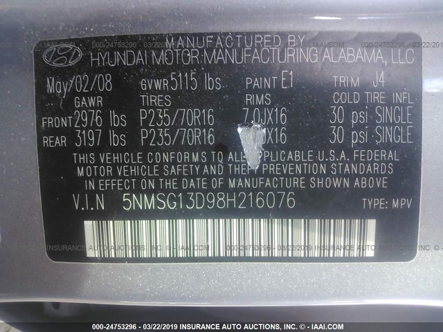 5NMSG13D98H216076 - 2008 HYUNDAI SANTA FE GLS SILVER photo 9