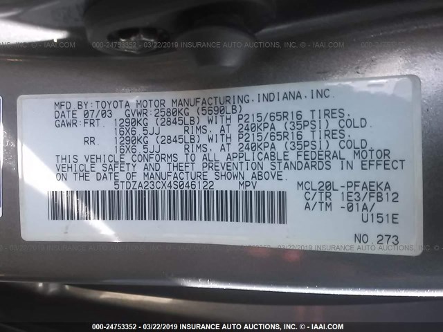 5TDZA23CX4S046122 - 2004 TOYOTA SIENNA CE/LE GRAY photo 9