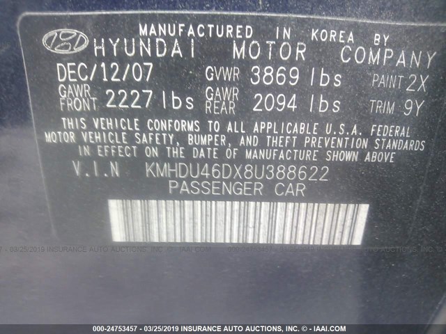 KMHDU46DX8U388622 - 2008 HYUNDAI ELANTRA GLS/SE/LIMITED Dark Blue photo 9