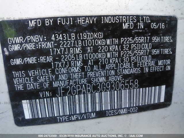 JF2GPABC3G9306558 - 2016 SUBARU CROSSTREK PREMIUM თეთრი ფოტო 9