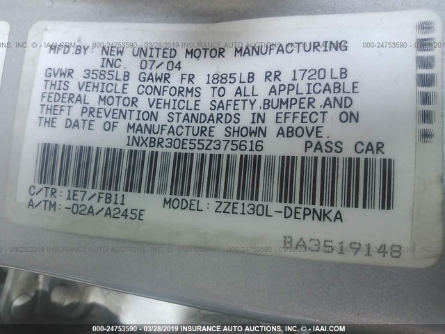 1NXBR30E55Z375616 - 2005 TOYOTA COROLLA CE/LE/S SILVER photo 9