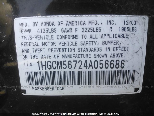 1HGCM56724A056686 - 2004 HONDA ACCORD EX BLACK photo 9